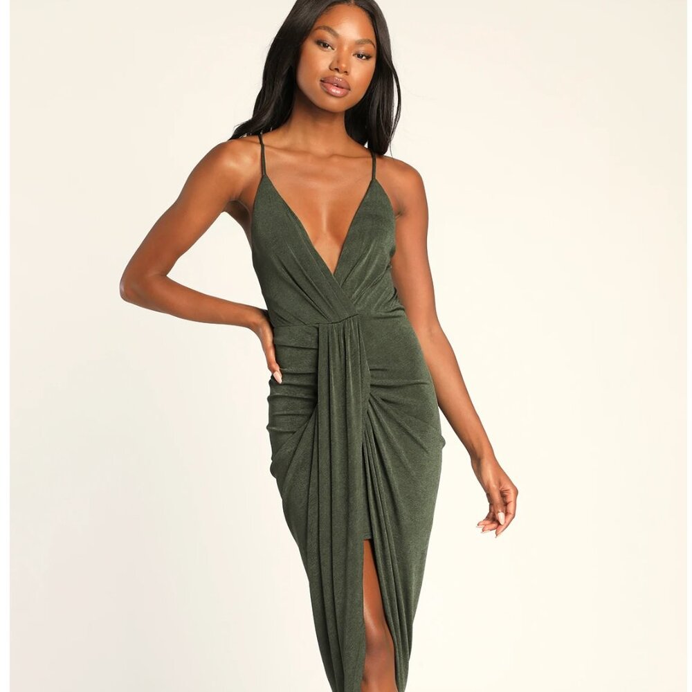 NWT Lulus Dreamy Date Dark Green Surplice Midi Dress Size S